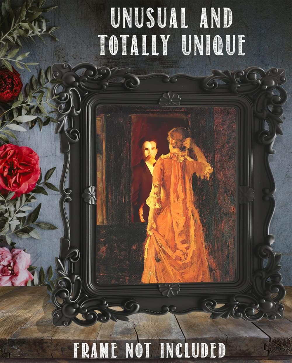 Masked Phantom 11x14 Unframed Print – Gothic Romantic Wall Art, Vintage Mirror Scene, Mysterious Masked Man and Woman, Dark Academia Decor, Baroque Theater-Inspired Poster for Home or Library