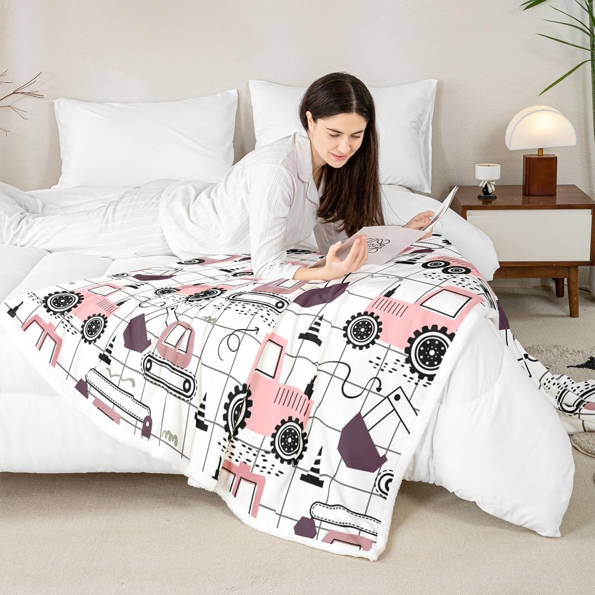 Feelyou Construction Fleece Throw Blanket for Girls Boys Kids Baby 30"x40" Cartoon Car Excavator Tractor Plush Blanket Equipment Trucks Sherpa Blanket Plaid Pink Black Theme Fuzzy Blanket