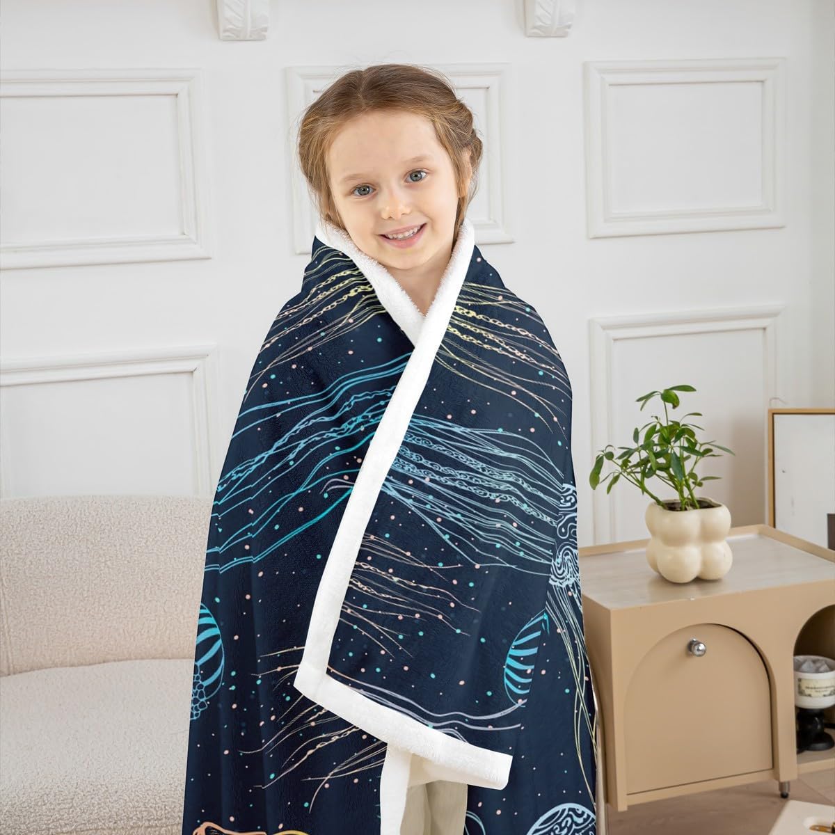 Feelyou Cute Jellyfish Sherpa Blanket Ocean Creature Themed Fleece Throw Blanket Sea Underwater World Warm Plush for Sofa Couch Bed Marine Life Sealife Fuzzy Twin 60"x80"