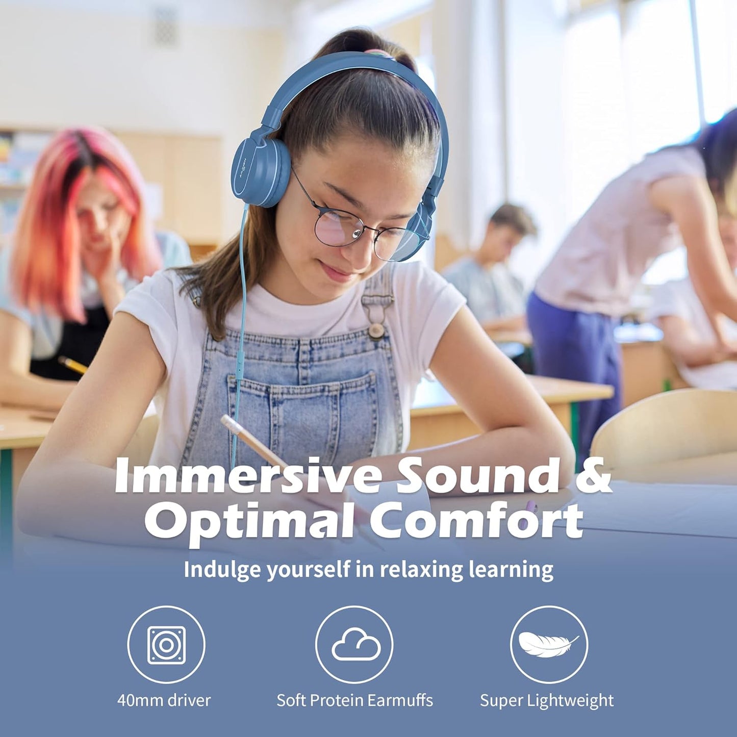 AILIHEN Kids Headphones, I35 On-Ear Headphones for School, Safe Volume 93dB, HD Mic Stereo Headphone for Kid Girls Boys, Foldable 3.5mm Wired for Chromebook, Laptop, Computer, Tablet (Blue)