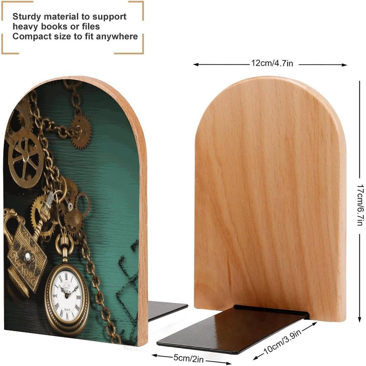 Steampunk Watches Keys and Chains Wooden Bookend Non-Slip Book Ends Heavy Duty Book Stopper with Metal Base Books Holderd Decorative Bookends Stands Firmly for Office Supplies