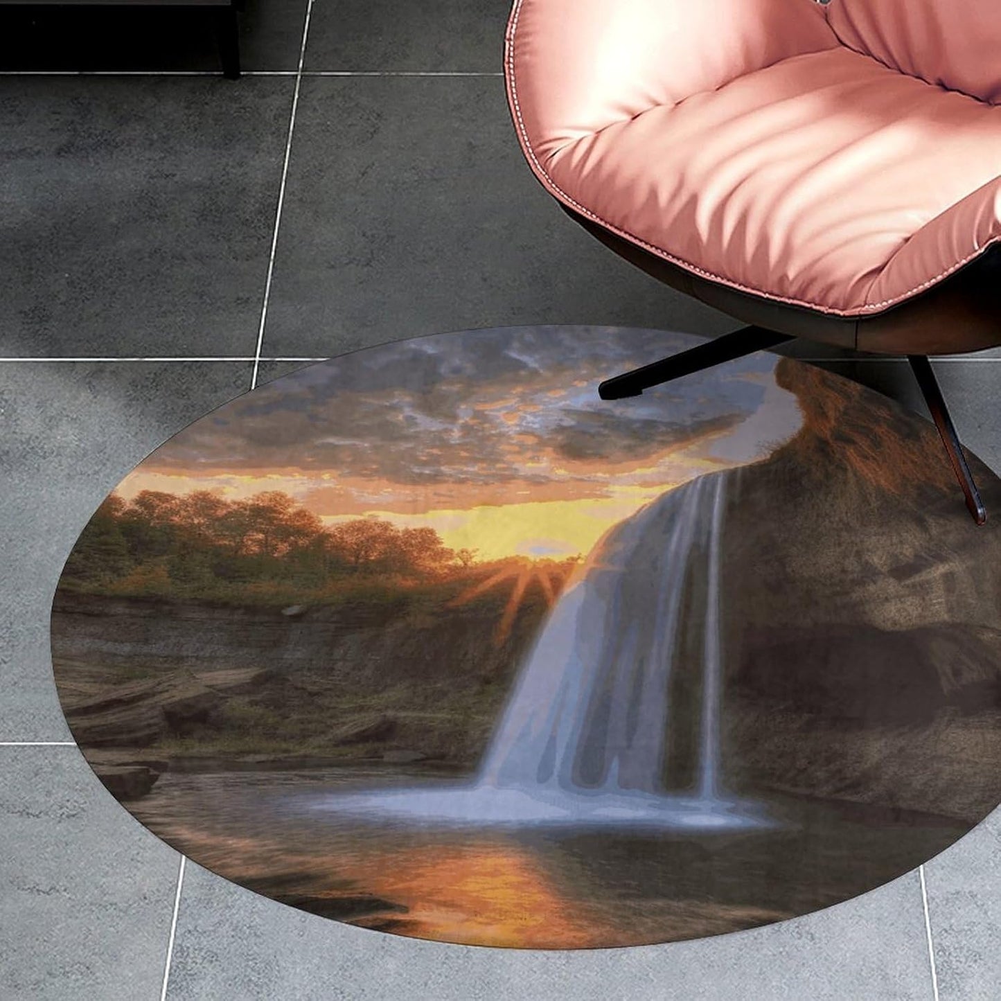 Waterfall at Sunset Circle Rug Retro Luxury Coral Velvet Floor Mat Non Slip Soft Indoor Floor Carpet Comfy Thickened Area Rugs Modern Aesthetic Minimalist Carpets for Home Decor