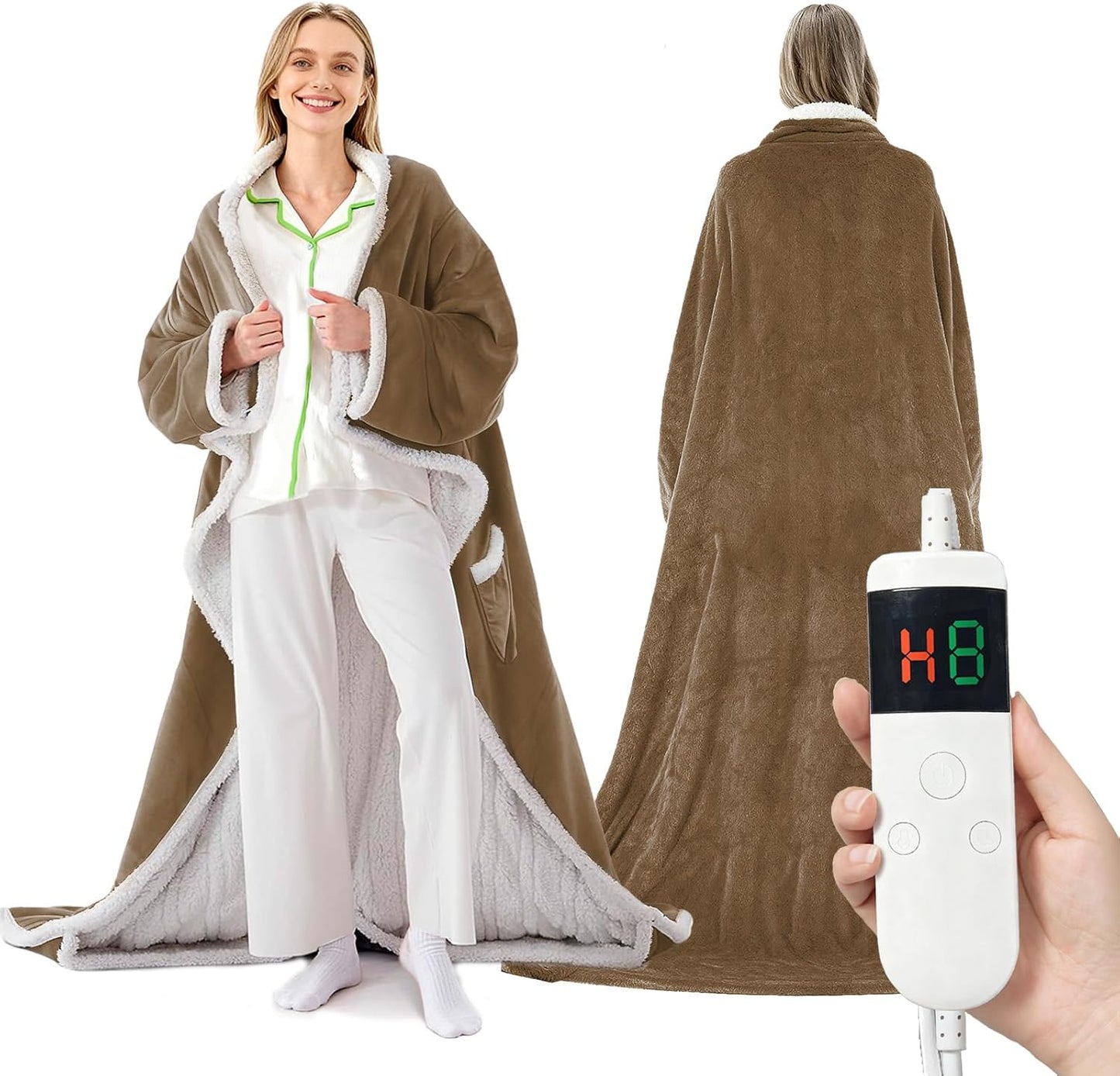 Wearable Heated Blanket With Sleeves & Foot Pocket, Heated Throw Blankets Fast Heating Blanket With 10 Heat Settings Auto Shut Off Over-Heat Protection-Warm Gift, Machine Washable, 52”*72”+18”