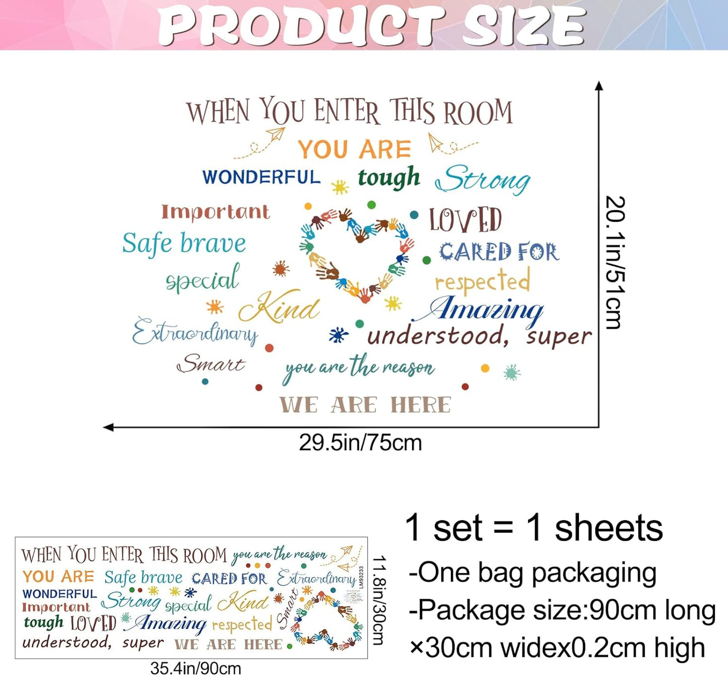 Colorful Inspirational Quote Wall Decals Motivational Positive Phrase Wall Stickers Handprint Splatter Wall Sticker Peel and Stick Removable Wall Decor for Kids Classroom School LM93233