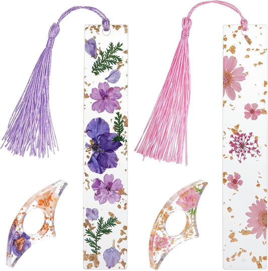 4 Pack Dried Flower Resin Bookmarks Book Lover Gifts Handmade Bookmarks with Tassel Transparent Floral Book Page Holder and Books Mark Set for Reading Lover Students Teachers