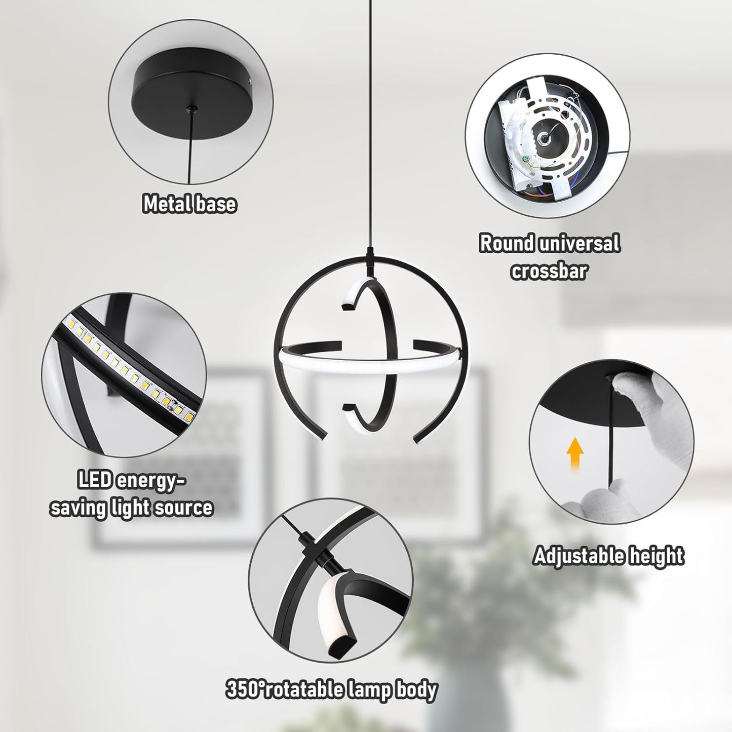 Black Modern LED Chandeliers, Dimmable Globe Pendant Lights Fixture, 13" Metal Adjustable Hanging Lamps are Suitable for Kitchen lsland, Dining Room Bedroom Foyer Hallway Stairway