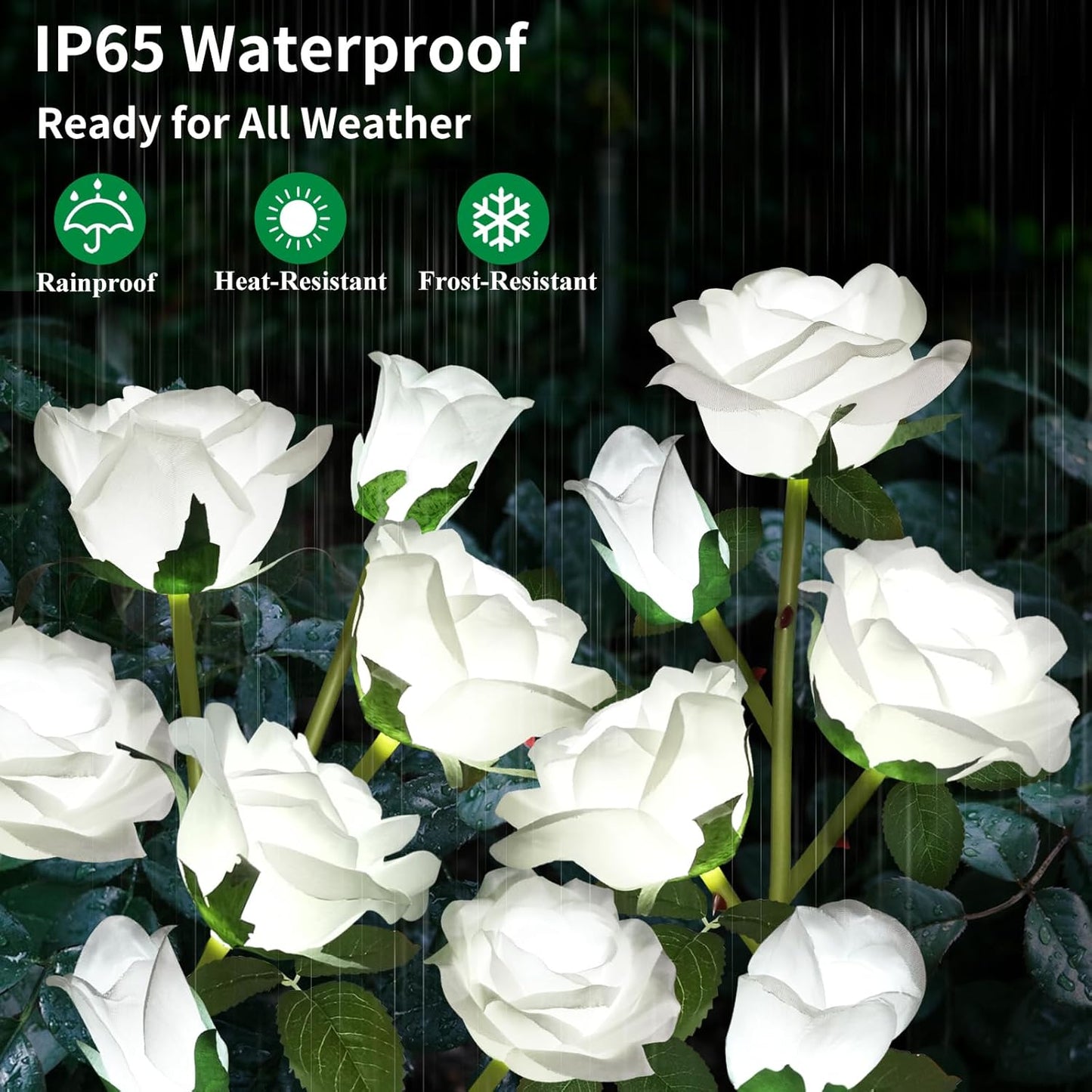 Solar Garden Lights, Solar Outdoor Lights with More Realistic 10 Rose Waterproof Solar Powered Flowers for Outside Patio Yard Pathway Decorations, 2 Pack White