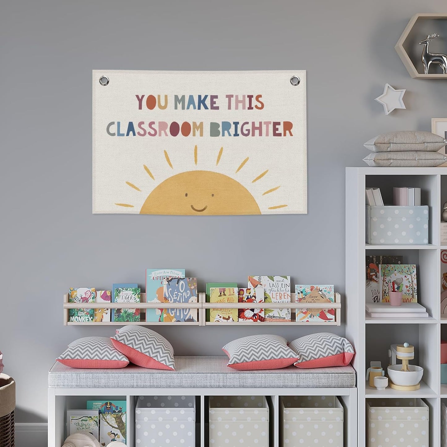 Classroom Sun Kids Banner Canvas, You Make This Classroom Brighter Toddler Room Decor, Inspirational Educational Hanging Flag Sign, Nursery Wall Tapestry Art for Playroom School Decor 20x30in