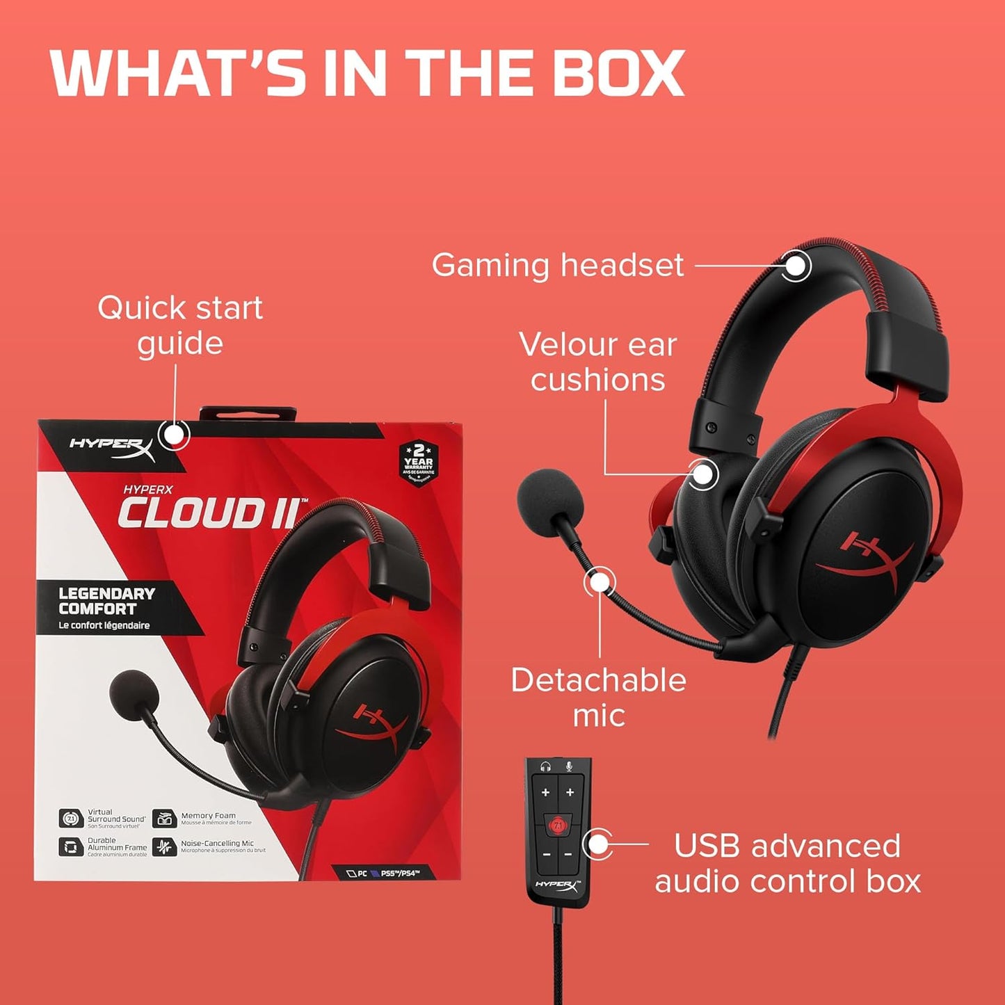 HyperX Cloud II Gaming Headset - 7.1 Surround Sound - Memory Foam Ear Pads - Durable Aluminum Frame - Multi Platform Headset - Works with PC, PS4, PS4 PRO, Xbox One, Xbox One S - Red (KHX-HSCP-RD)