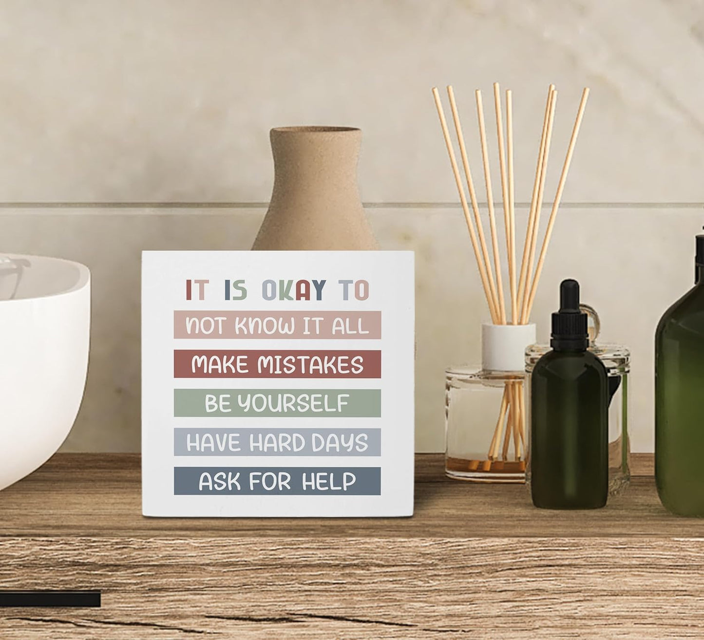 KU-DaYi It is Okay to Mental Health Wooden Box Sign, Teacher Desk Decor, Inspirational Boho Office Classroom School Therapy Reading Corner Wall Shelf Table Wooden Block Plaque Desk Decor 5x5 Inch