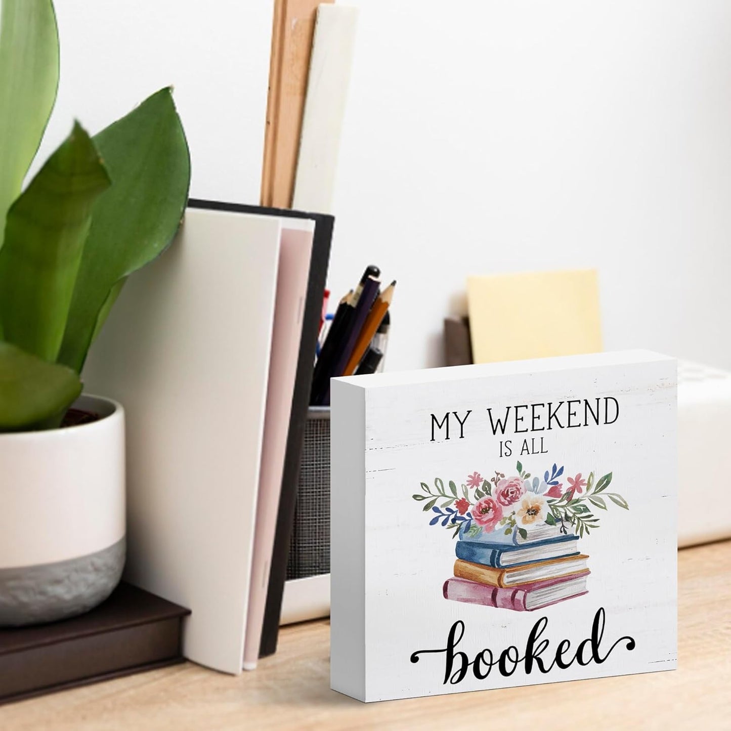 Zyzmasm Cute Kids Bookshelf Desk Decor Sign for Homeschool Library Reading Room, My Weekend is All Booked, Wooden Sign 5x5 Inches