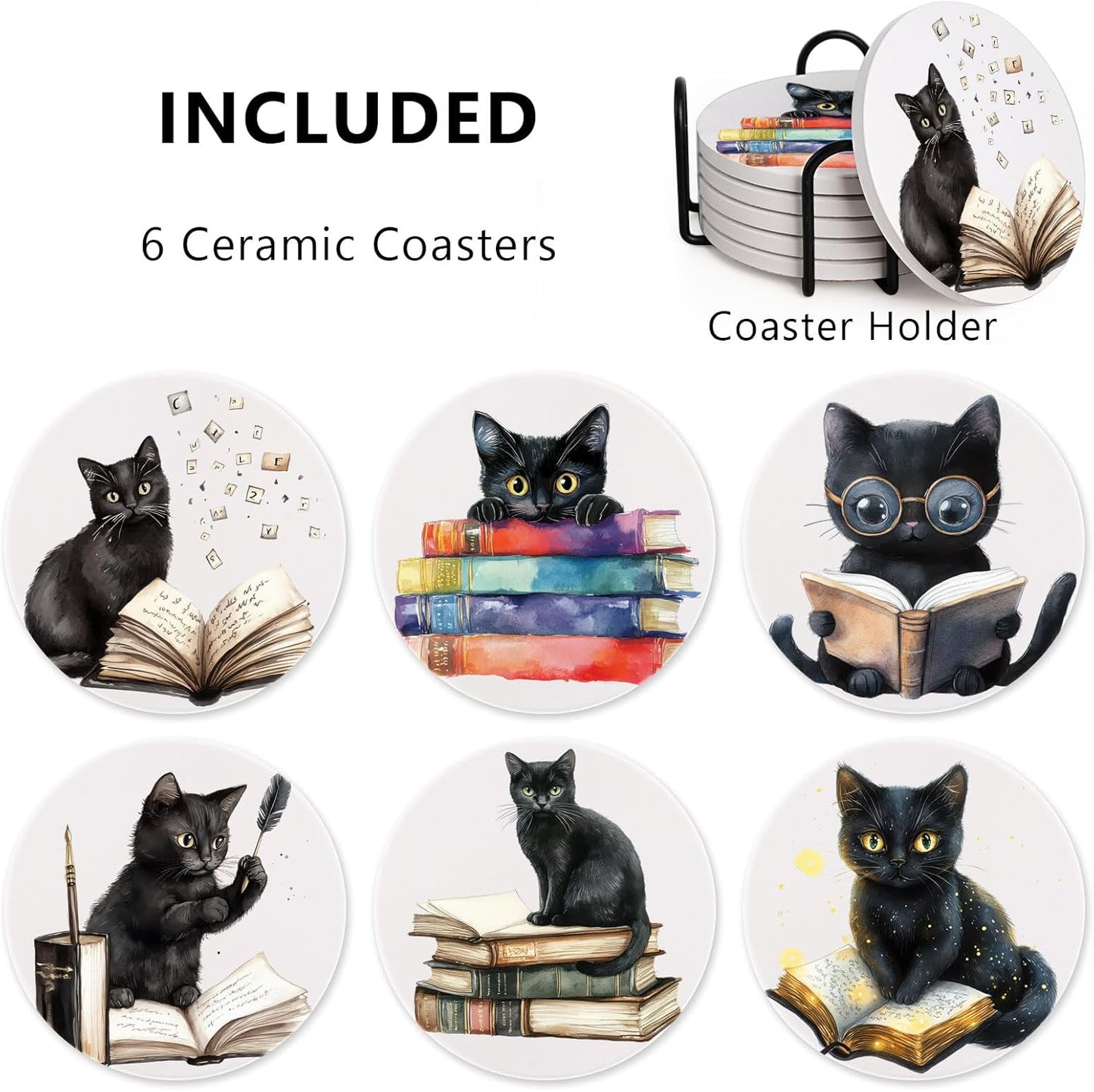 6Pcs Cat Coasters with Holder, Funny Cat Reading Books Ceramic Round Absorbent Coaster for Drink Coffee Table Decor Gifts for Cats Books Lover Bookworms