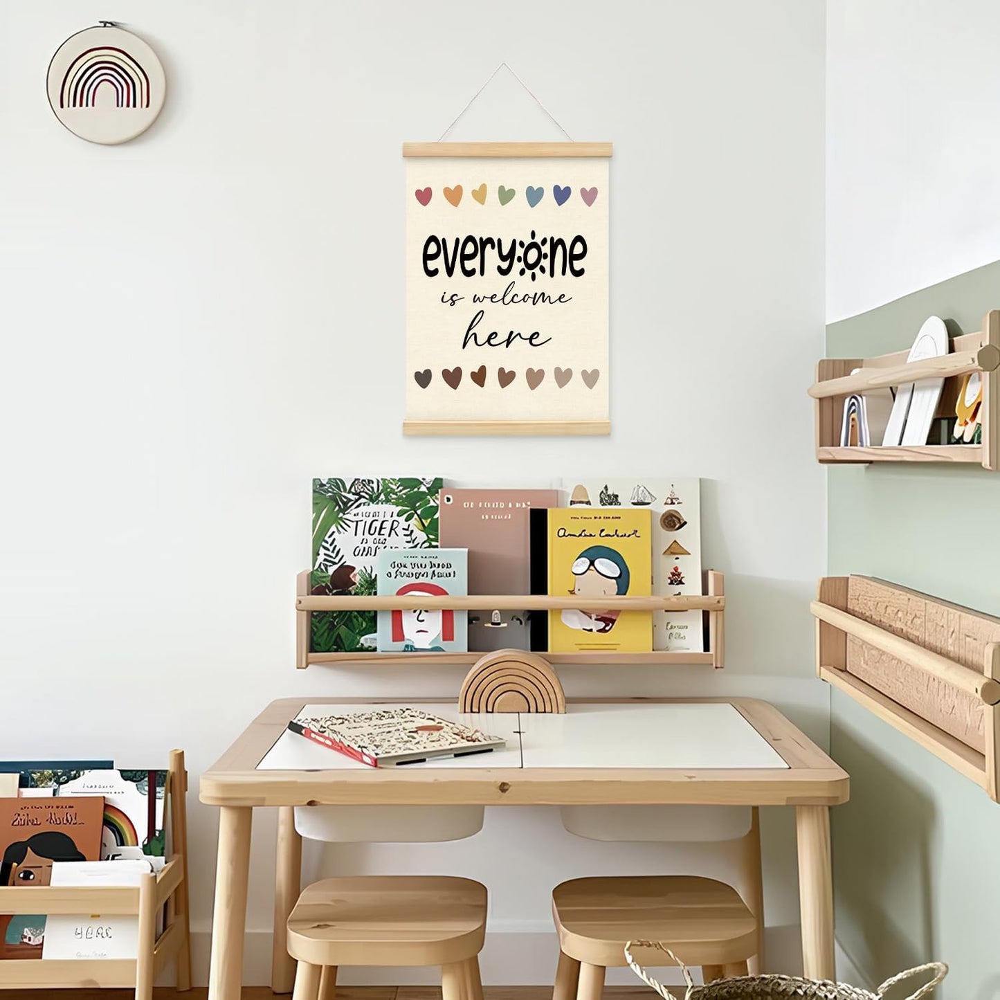 Mtrgdn Everyone is Welcome Classroom Decor,Everyone is Welcome Here Sign,Classroom Door Sign,Back to School Poster Hanger Frame Decor for Teacher Office Counselor Therapy,12x6 Inch