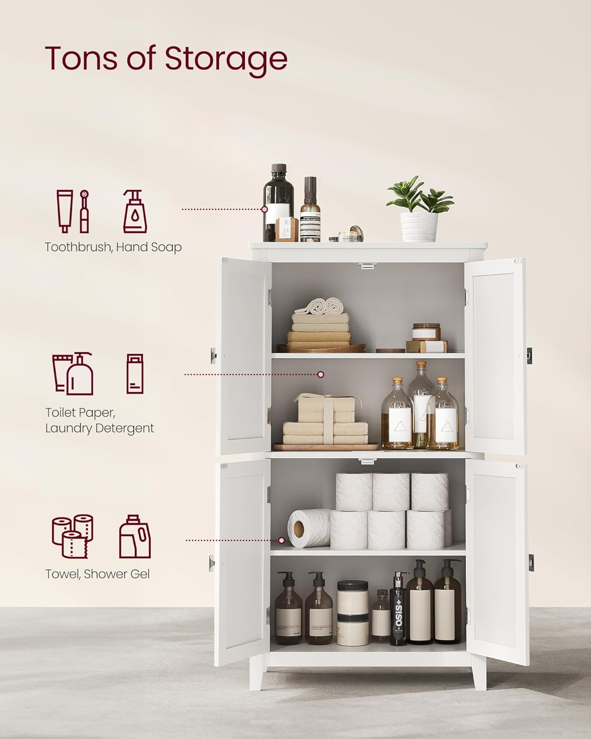 VASAGLE Floor Storage Cabinet, Freestanding Storage Unit with 4 Doors, Adjustable Shelves, 11.8 x 23.6 x 43.3 Inches, for Entryway, Bathroom, White UBBC552P31
