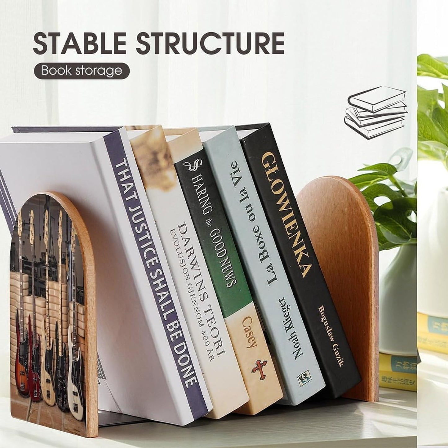 Guitar Bass Music Musical Instruments Wooden Bookend Non-Slip Book Ends Heavy Duty Book Stopper with Metal Base Books Holderd Decorative Bookends Stands Firmly for Office Supplies