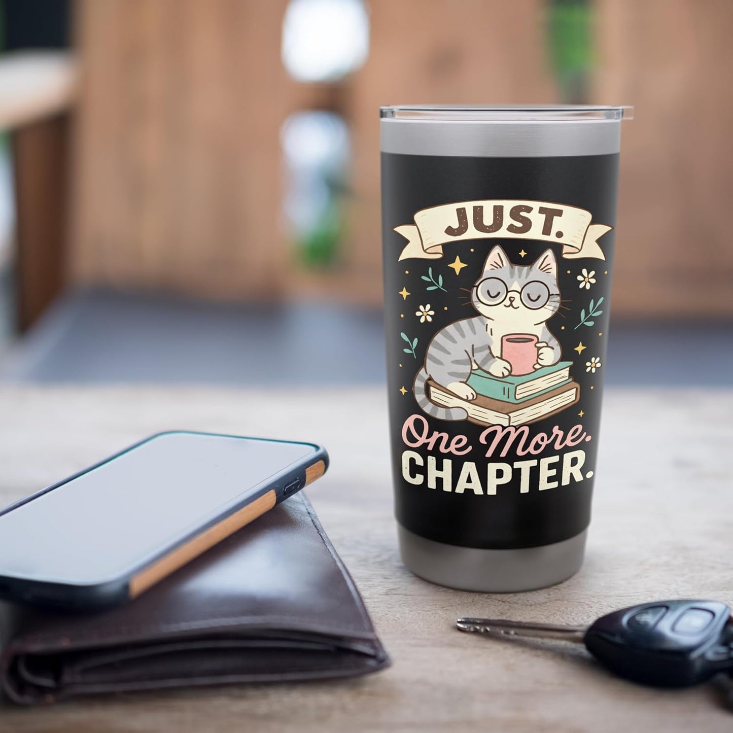 Book Lover Cute Cat Coffee Just 1 More Chapter Cozy Reading Stainless Steel Insulated Tumbler
