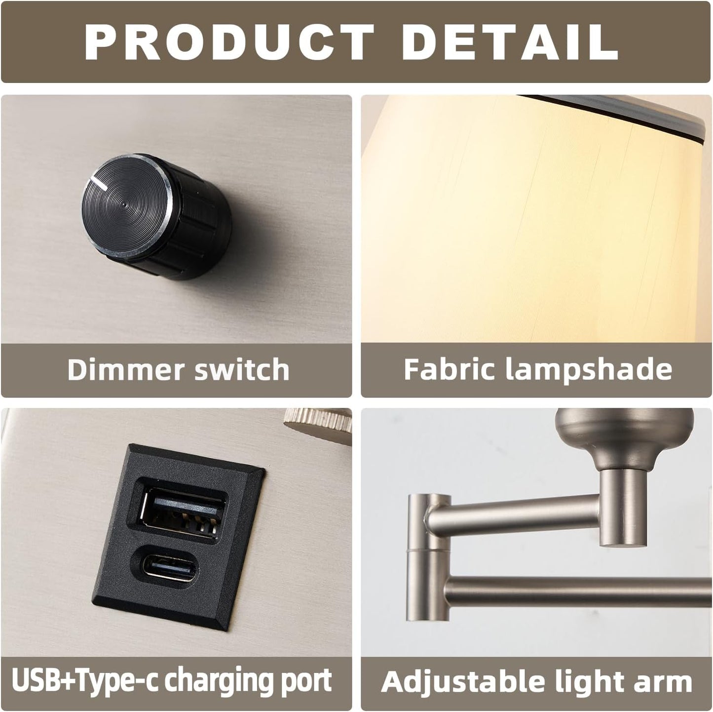 Swing Arm Wall Lamp with Type-C and USB Charging Port Wall Mounted Lamp with Dimmable Switch Plug in Wall Sconces White Fabric Shade Perfect for Bedside Living Room Reading Nook Office Satin Nickel