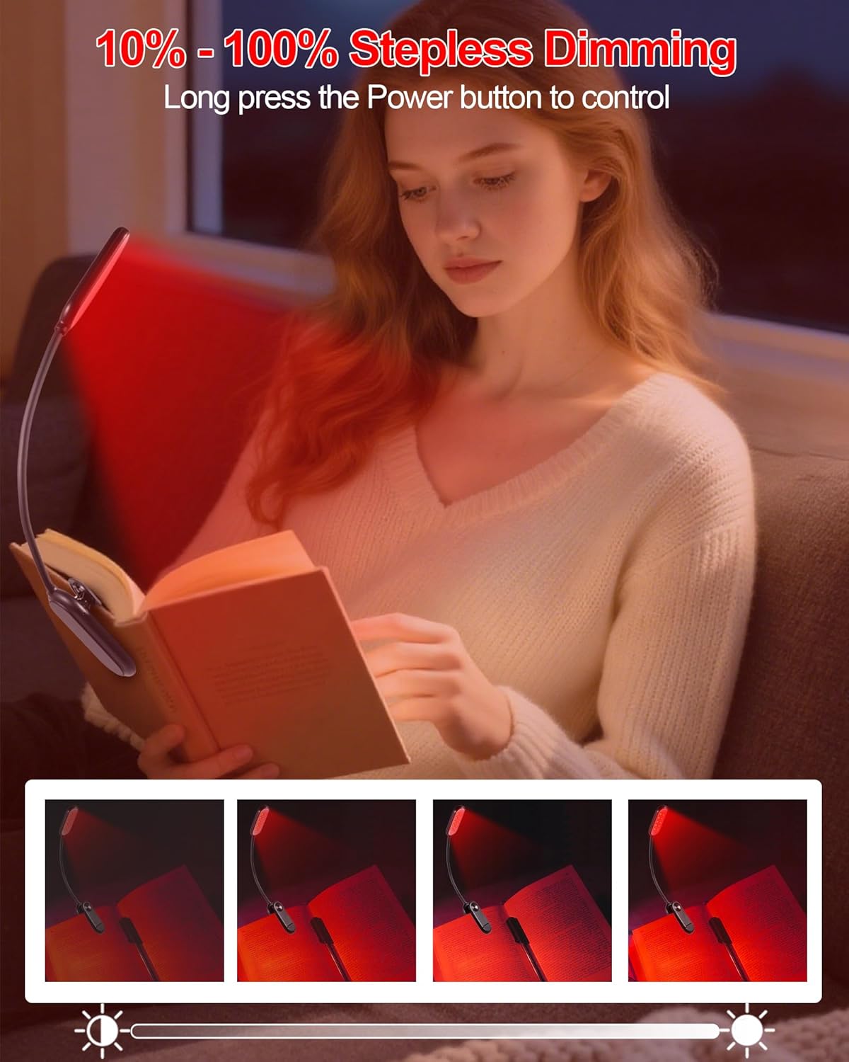 625nm Red Book Light [1 Pack] - Zero Blue Light, Rechargeable Clip On Red Reading Light Lamp for Reading at Night - Poratble Dimmable LED Book Lamp, Gift for Travel Studying Nursing