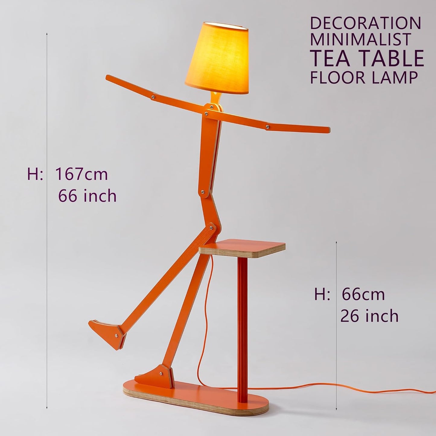 Unique Wood Floor Lamp Tea Table Storage for Living Room Bedroom Kids Bedside - Corner Reading Creative Swing Arm Standing Light for Home Office Farmhouse - LED Bulb Included (Orange Table)