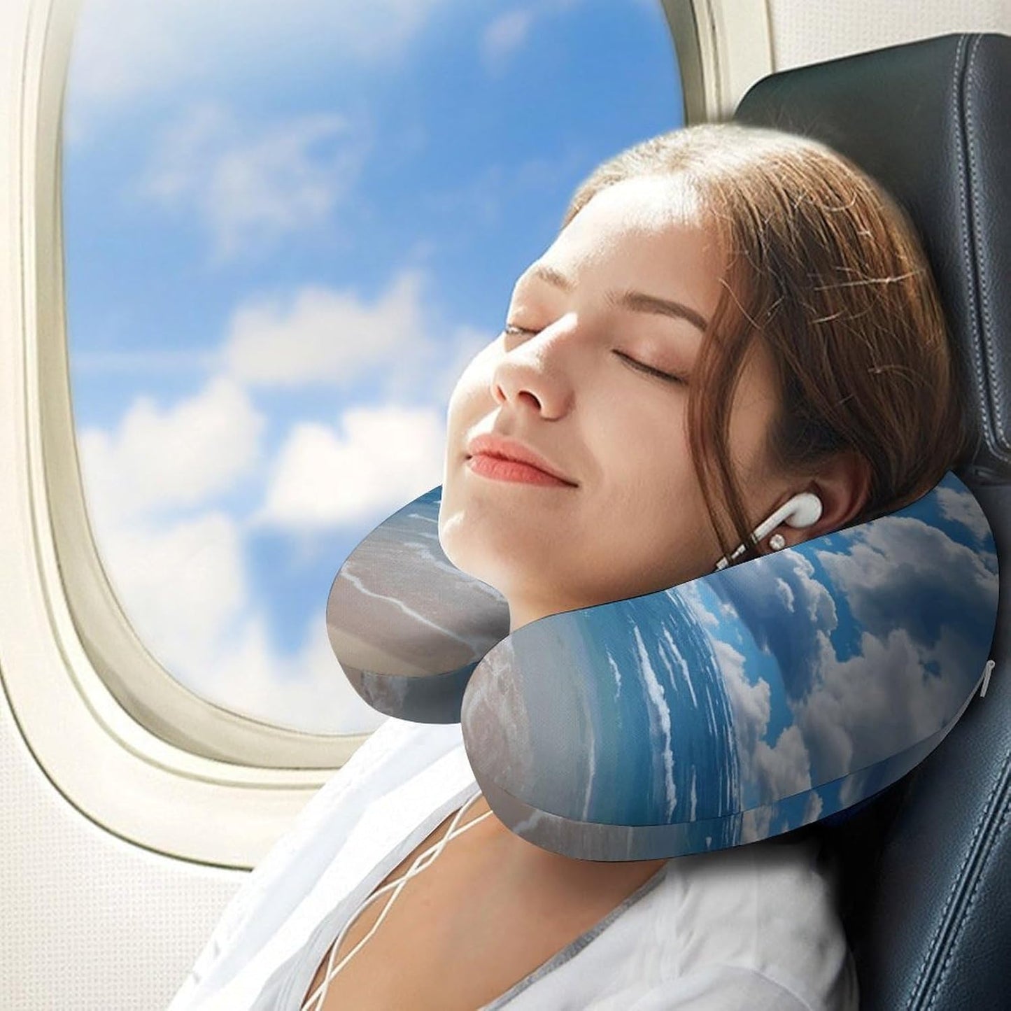 Blue and White Cloud Neck Pillow Memory Foam U Shaped Pillows Portable Pillows for Shoulder Travel Head Support Pillow with Concealed Zipper for Airplane Car Home Office