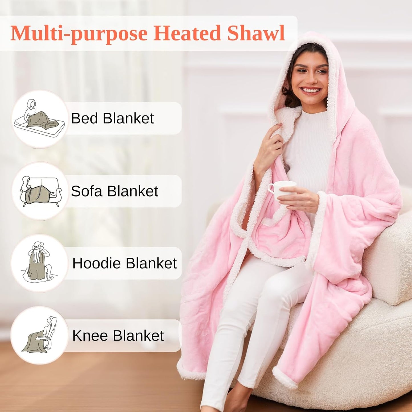 Heated Shawl Wraps for Women, Wearable Heated Throw Blanket, Electric Heated Wrap Poncho with Pockets,6 Heating Levels 4 Hours Auto-Off, Overheat Protection Machine Washable, 50”x64”, Pink