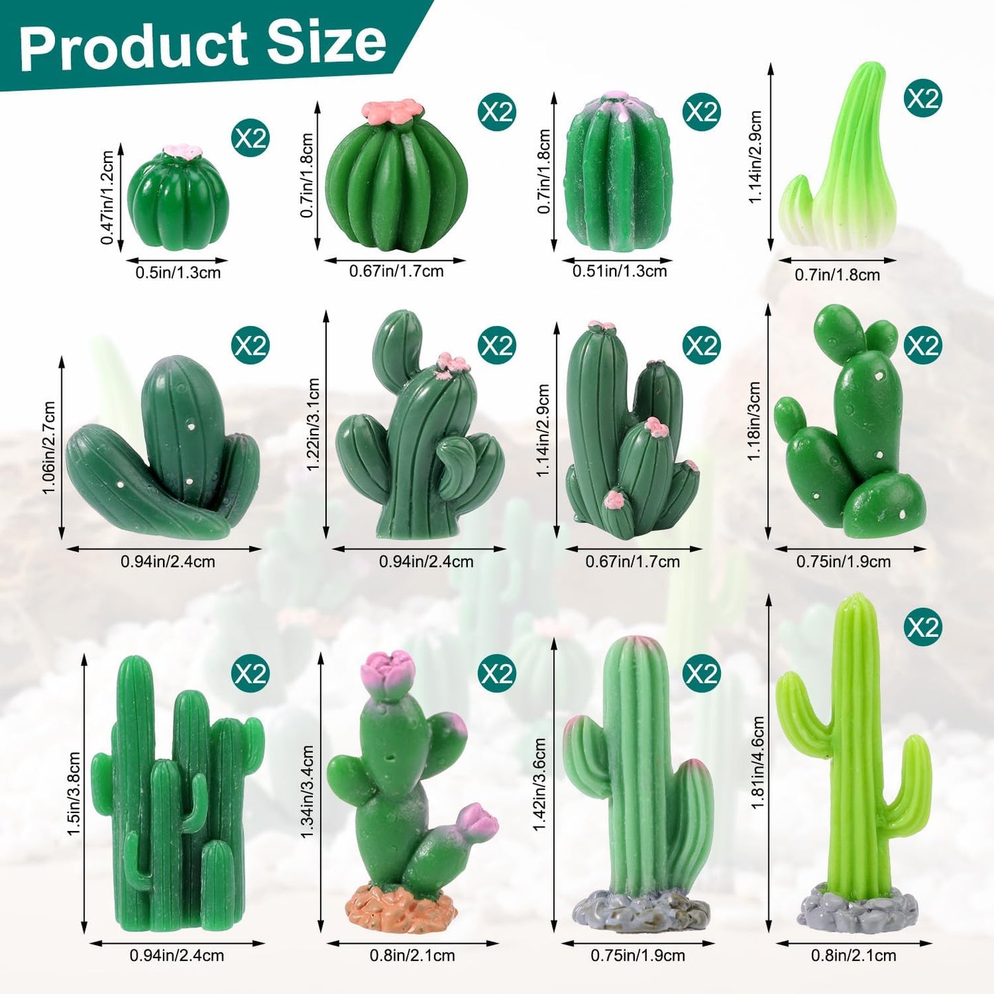 24pcs Miniature Resin Cactus, 12 Sizes Mini Cactus Figurines Tiny Small Cute Resin Succulent Toy Plant Decor Accessories for Car Interior Office Desk Micro Landscape Dollhouse(Green)