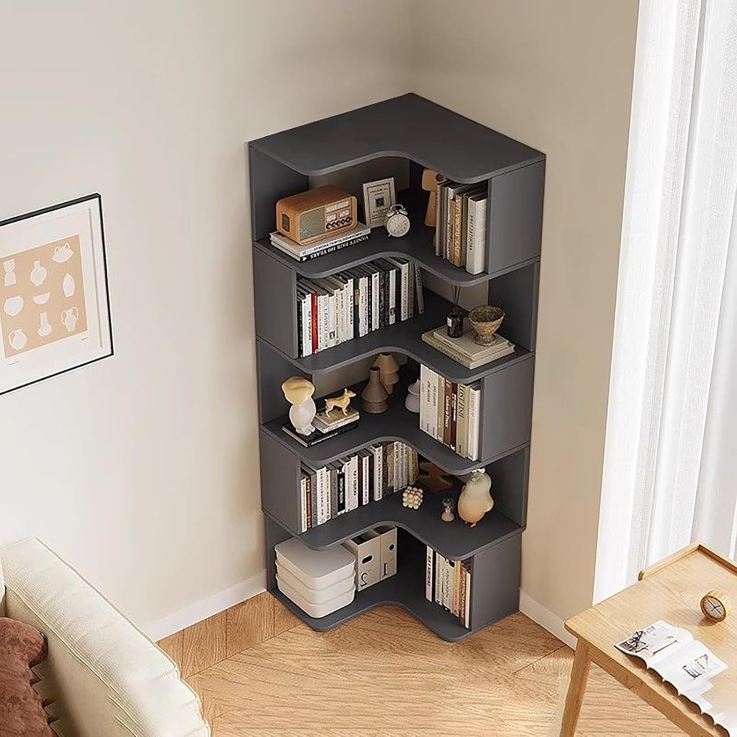 Modern 6-Tier Corner Bookshelf, L-Shaped Display Rack with Anti-Drop Panel, Freestanding Etagere for Home Office & Living Room Storage Organizer