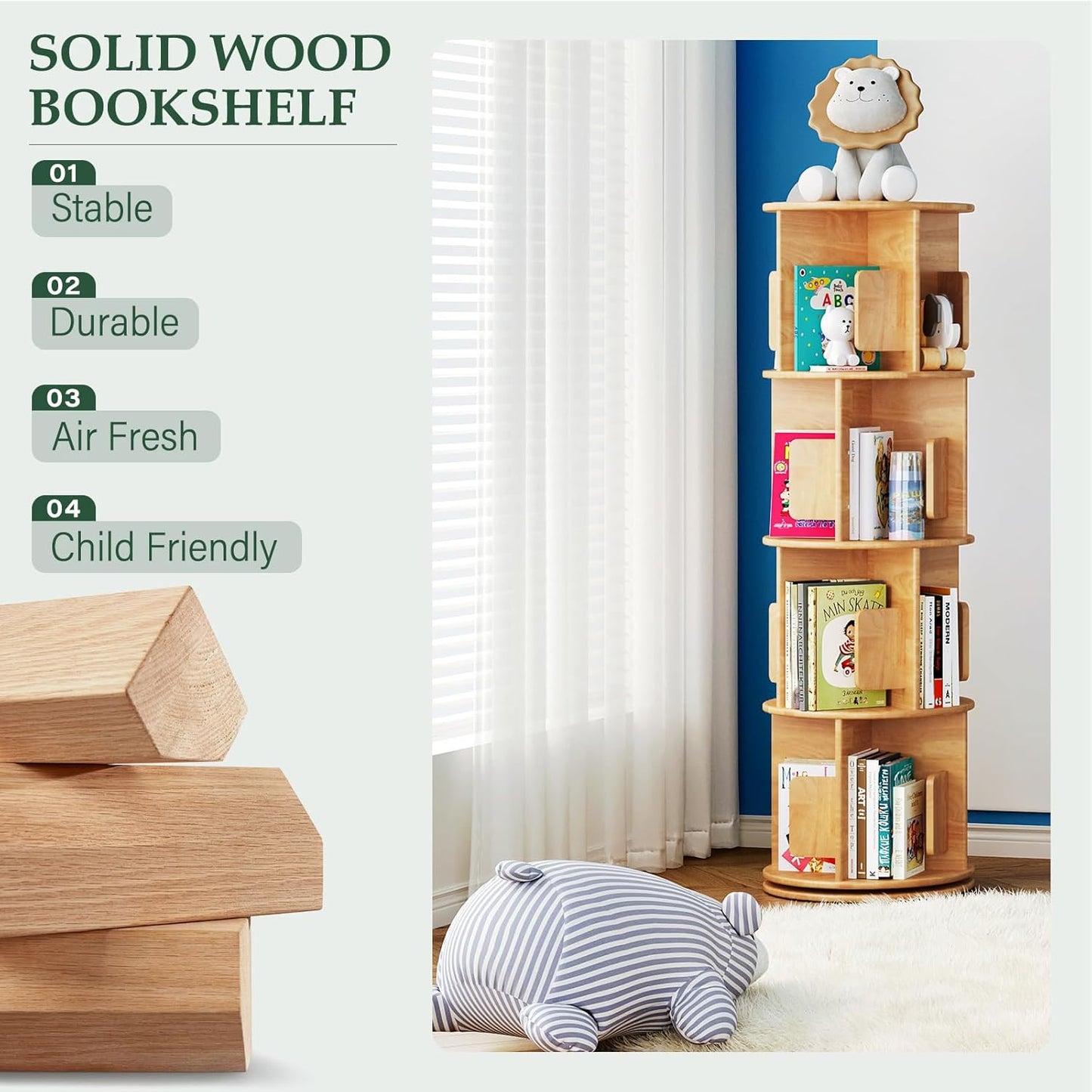 Wooden Rotating Natural Bookshelf Tower - 4 Tier 51“ H Tall 360° Spinning Revolving Bookshelf for Small Spaces, Solid Wood Round Narrow Modern Bookcase Tower for Home Office & Bedroom & Kids Rooms