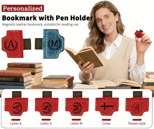 Personalized Magnetic Leather Bookmark, Bygone Mark Bookmark with Pen Holder 26 Letters Custom Book Marker Clip Book Marks for Reading Women, Men, Book Lovers Gifts, (Red-K)