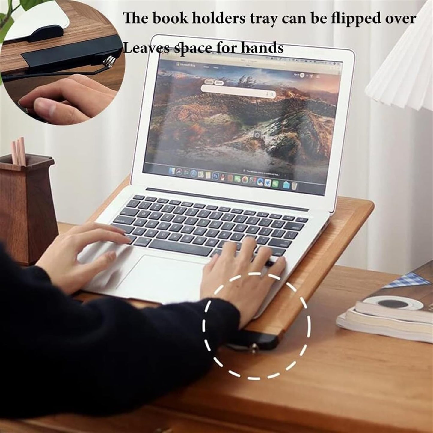 Book Stand Metal Book Holder with Paper Clips for Reading, 360° Rotate Cookbook Holder Stand, Laptop Stand Adjustable Height for Writing, Tablet (Color : Walnut) (Walnut) (Natural)