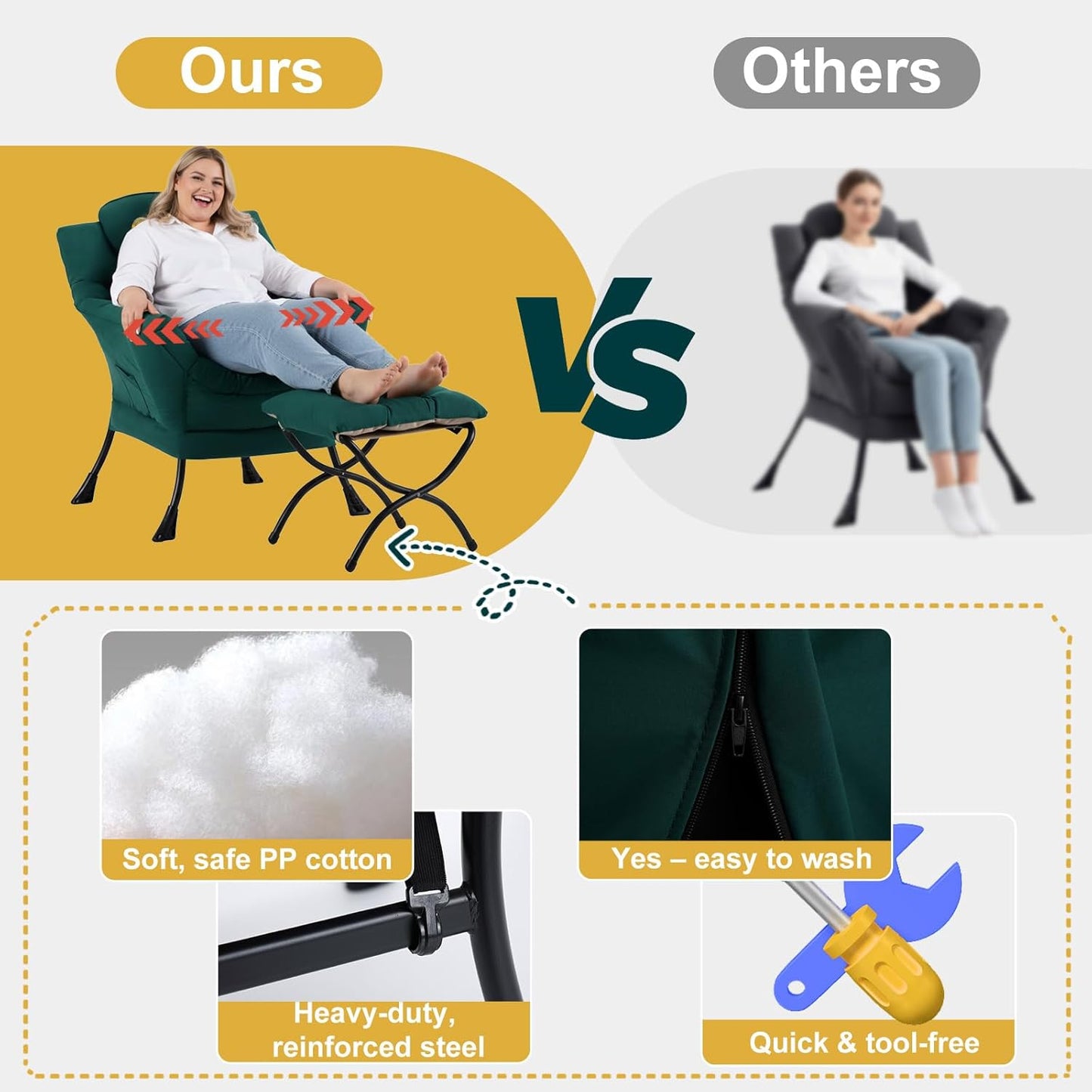 Lazy Chair with Ottoman, Large Accent Chair with Ottoman and a Throw Pillow, Dark Green Reading Chair for Living Room Bedroom Dorm Room Office Apartment Relaxing Use