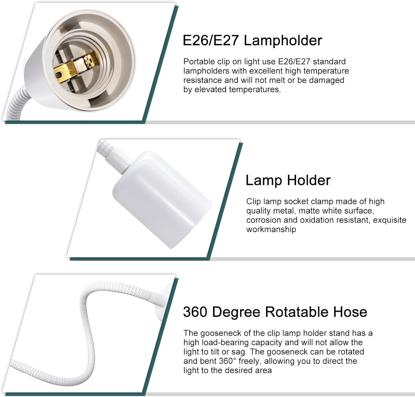 2 Set Clip Desk Lamp Socket with Adjustable Flexible Neck, E26 E27 Clip Lamp Socket Clamp with 240CM Cord, Clamp Light Stand with On/Off Switch and 9 &350 MM Metal Tube Clip on Reading Light (No Bulb)