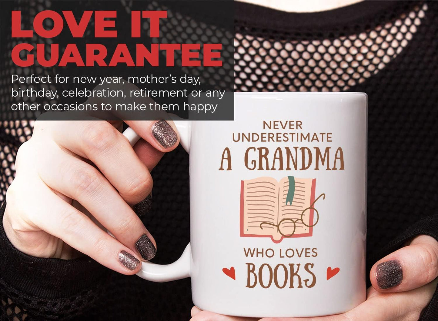 Bubble Hugs Fable Coffee Mug 11oz White - Never Underestimate Grandma - Reading Reader Old Lady Granny Book Lover Bookish Novelist Librarian Writer