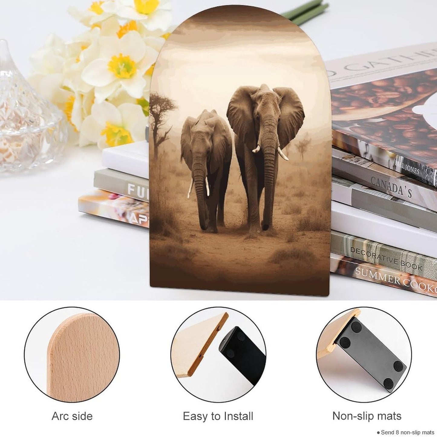 Wild Animals Elephants Bookend for Shelves Wooden Book End Large Size Sturdy Book Holders Stoppers with Metal Base for Bookshelves Slick Decorative Bookends Stands