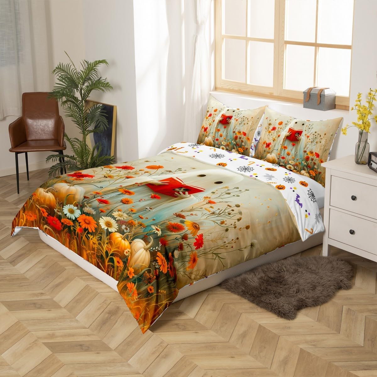 Manfei Reading Ghost Duvet Cover Set Twin Size,Autumn Pumpkins Flower Bedding Set 2pcs,Cute Halloween Theme Quilt Cover,Kids Boys Girls Room Decor,1 Pillowcase,No Comforter