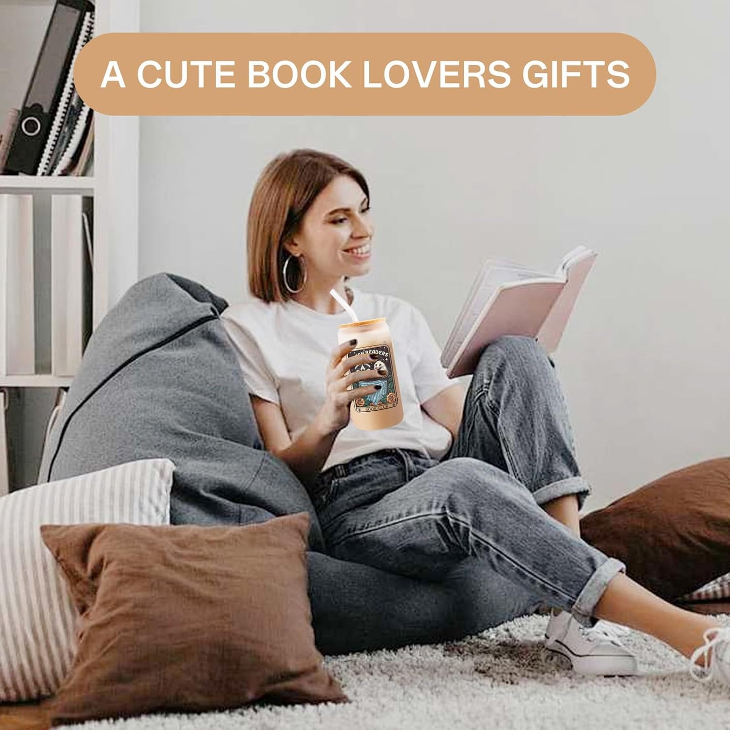 16 Oz Book Club Glass Cup，Cool Book Lovers Gifts, Bookish Gifts for Women, Readers, Best Friends Cute Iced Coffee Tumbler with Lids and Straws