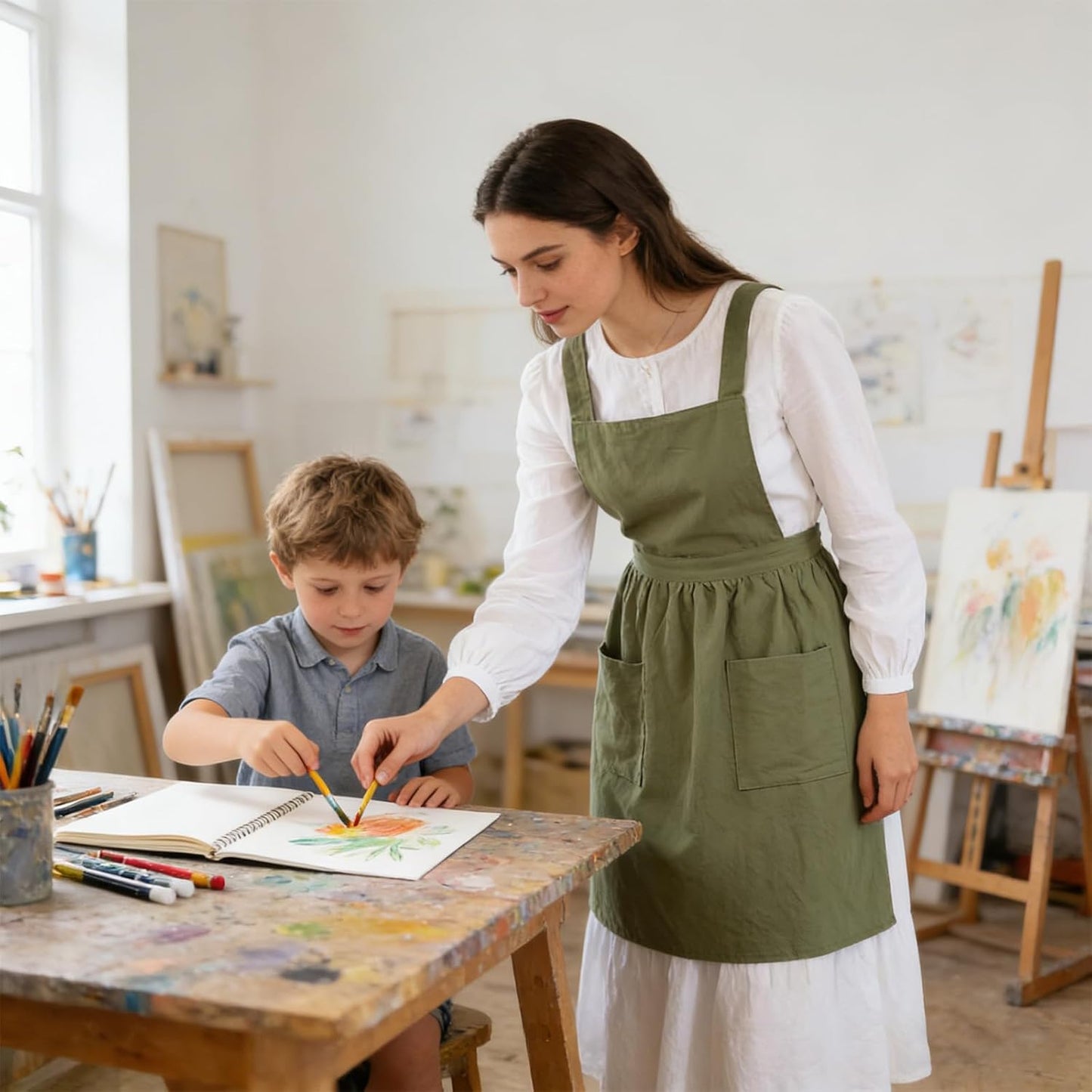 Yolyoo Cotton Linen Pinafore Apron for Women with Pockets Pinafore Dress for Chef Gardening