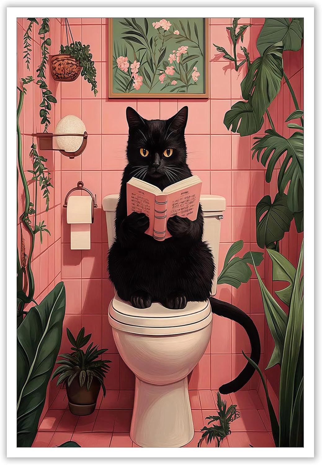 Trendy Funny Black Cat Using Toilet Posters Cute animal Reading Newspaper Canvas Wall Art Bathroom Botanical Pink Aesthetic Prints Painting For Home Bedroom Dorm Wall Decor 8x12in Unframed