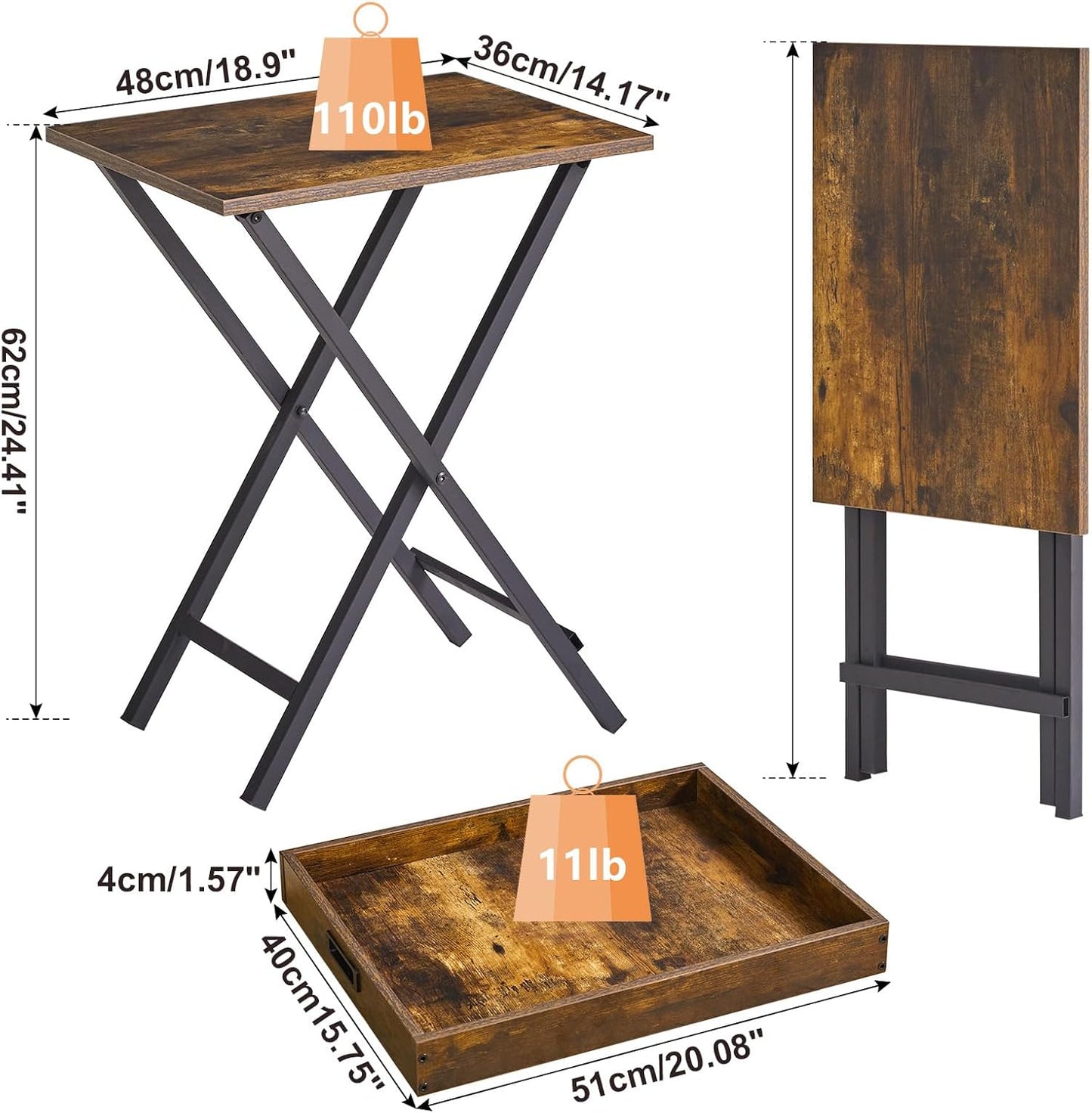 IBUYKE Foldable TV Tray Set of 2 TV,End Table with Removable Food Serving Tray,Portable Wooden Snack Table for Livingroom, Bedroom, Office, Camping,Rustic Brown, UTVT001H