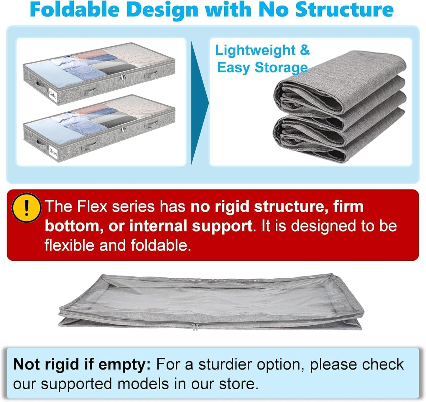 3 Inch Low Profile Under Bed Storage Drawer 2 Pack, Lightweight Underbed Clothes Storage Container Bins with NO STURCTURE, Shallow Storage Bag for Dorm & Home, With Clear Lids & Water-Resistant Fabric