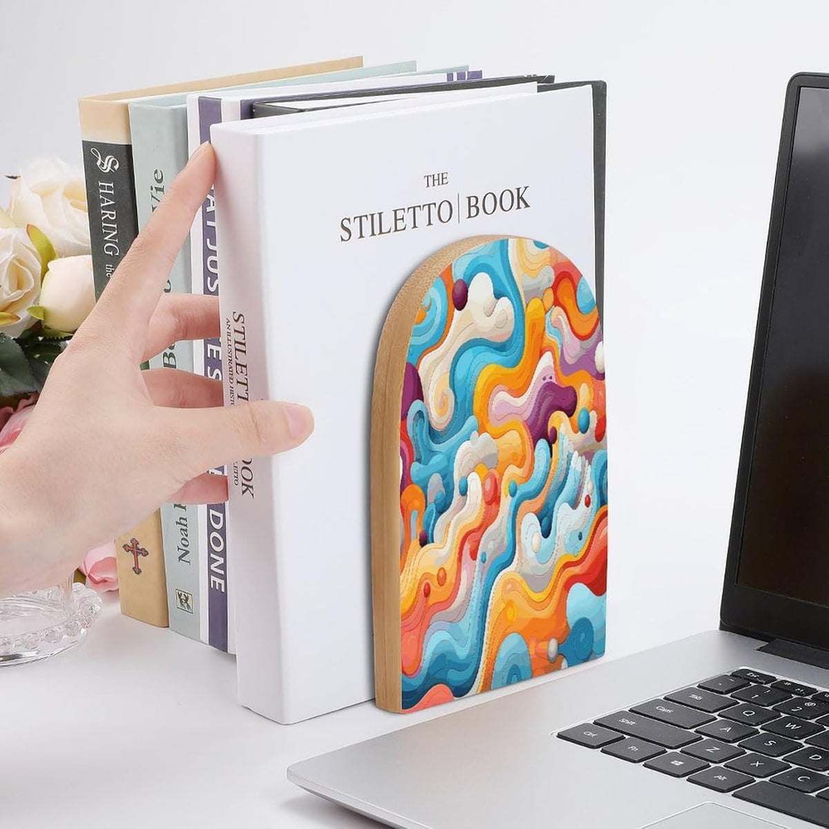 Non-Slip Bookend for Shelves Cartoon Lines Wooden Bookends with Metal Base Decorative Book Stopper for Home Heavy Duty Wood Book Storage for Books/CDs