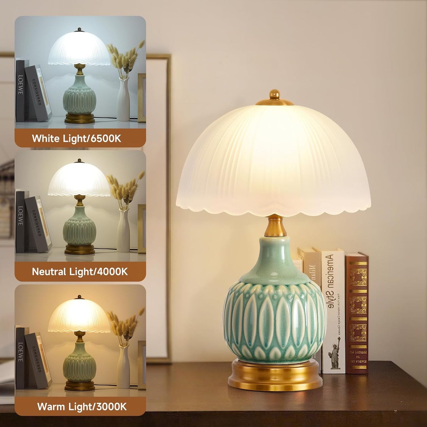 Vintage Lamp for Living Room,15.7" High 9.8“Wide Modern Ceramic Table Lamps for Bedroom,Retro Bedside Nightstand Traditional Lamps, Classic Chinoiserie Green Lamp for Home Decor