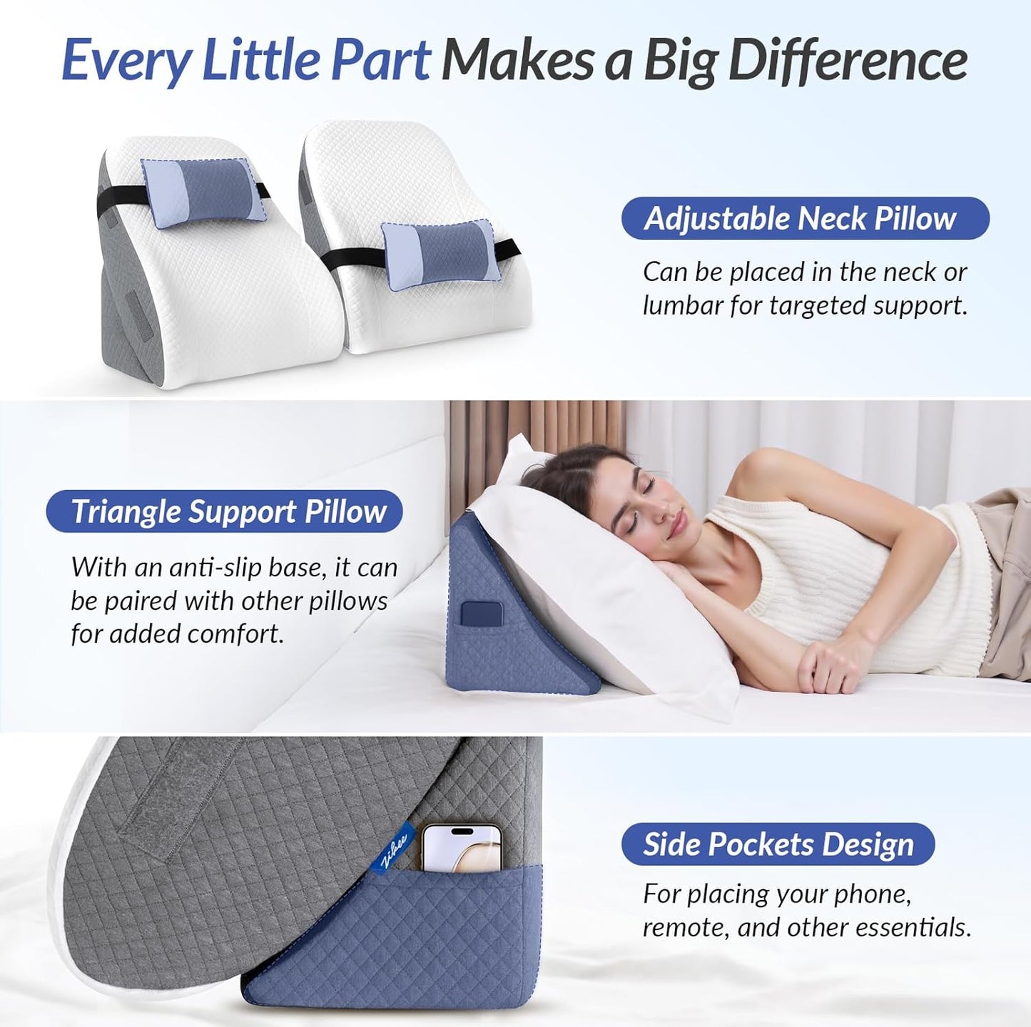 ZIKEE Adjustable Wedge Pillow Headboard Set for Sleeping & After Surgery, Ergonomic Reading Pillow for Sitting in Bed, Bed Wedge with Premium Memory Foam for Back Pain Relief & Support, Leg Elevation
