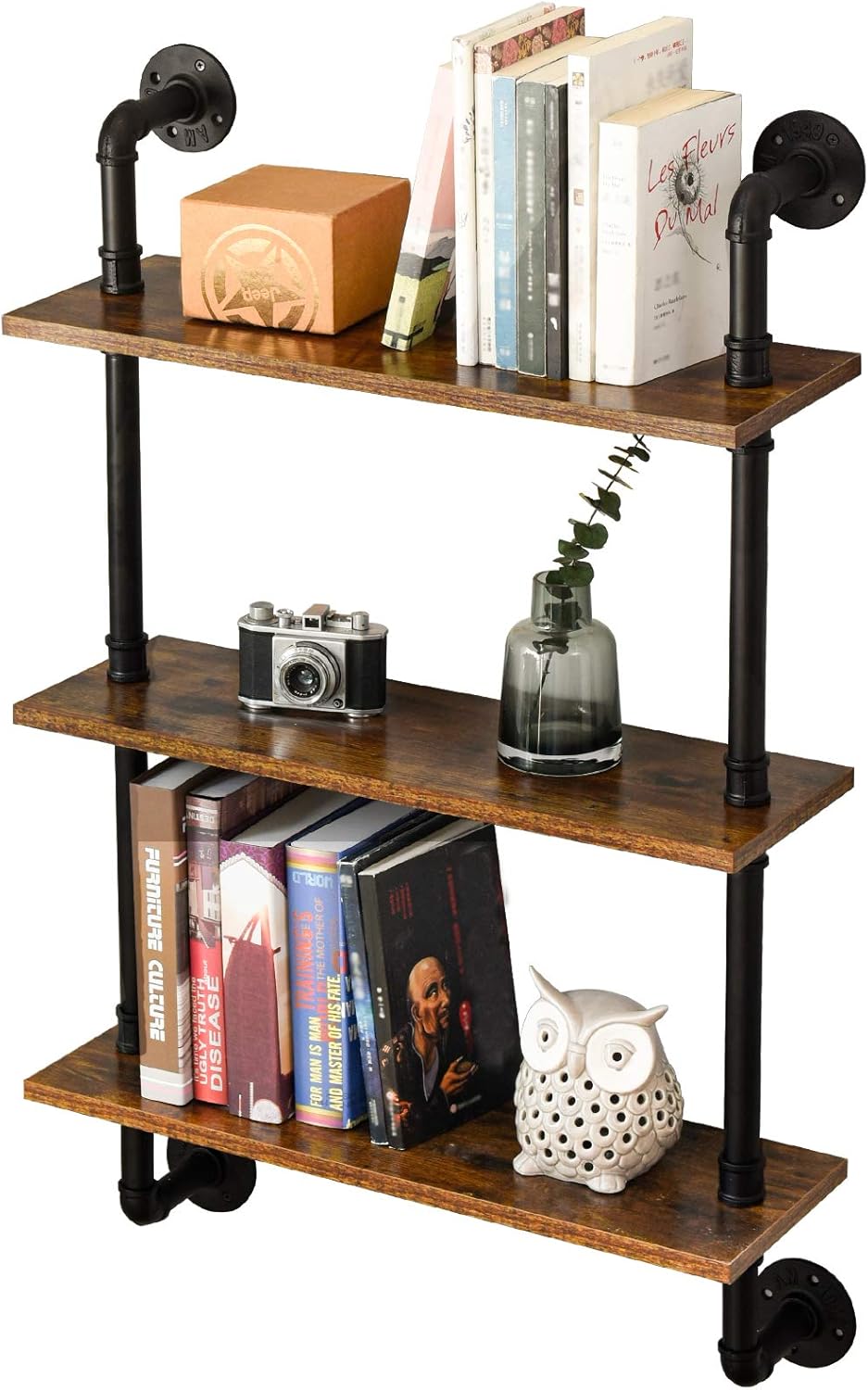 IBUYKE Industrial Pipe Shelves, Pipe Floating Shelves, Rustic Wall Mount Bookcase, 3-Tiers, 23.6" Metal Bracket Storage Wall Shelf for Bedroom, Kitchen, Living Room, Bathroom RF-TM003