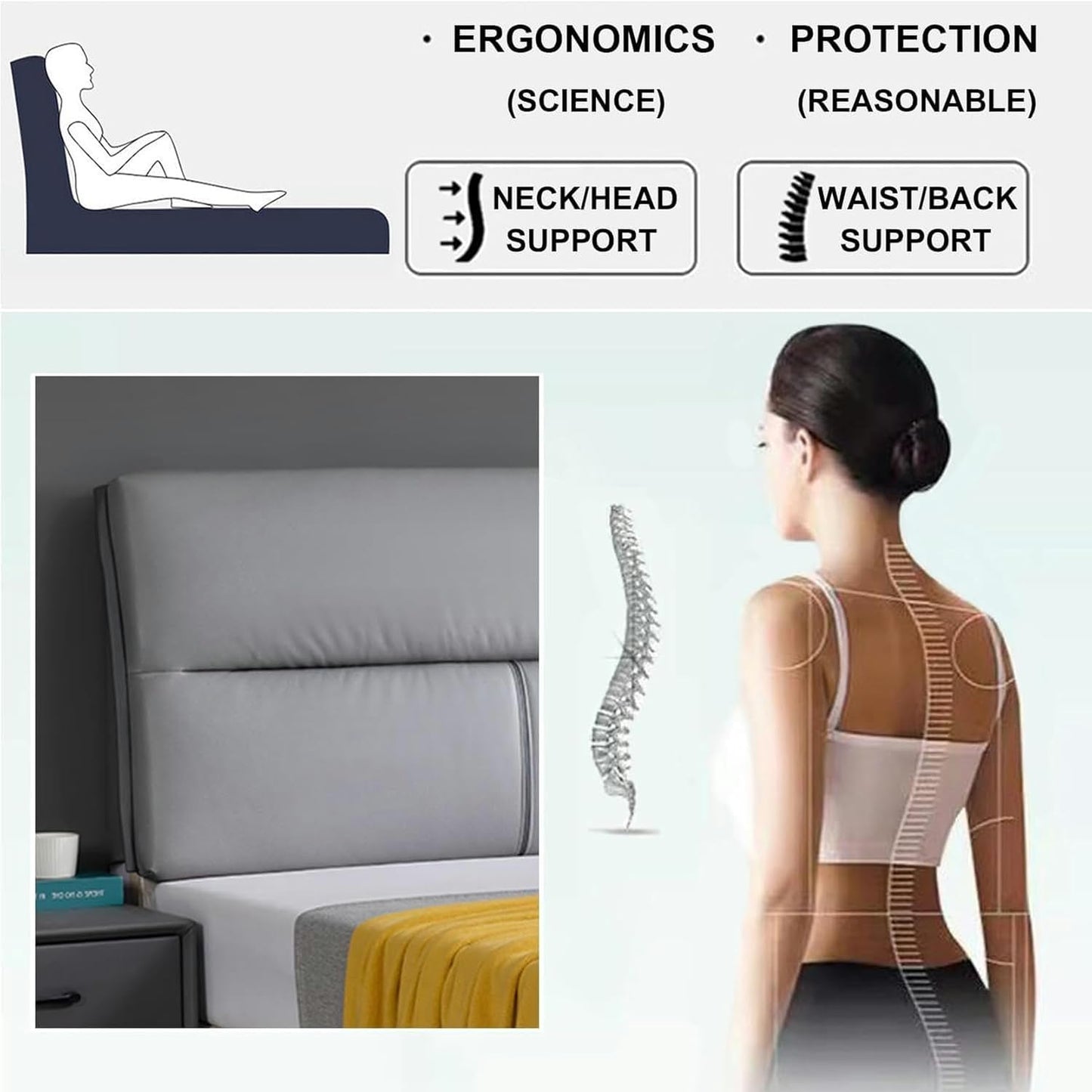 AMNOOL Reading Bed Rest Pillow Large Backrest Headboard Cushion Pillowboard Wedge Upholstered Adult Shoulder Lumbar Support Bolster for Dorm Room Daybed, Gray