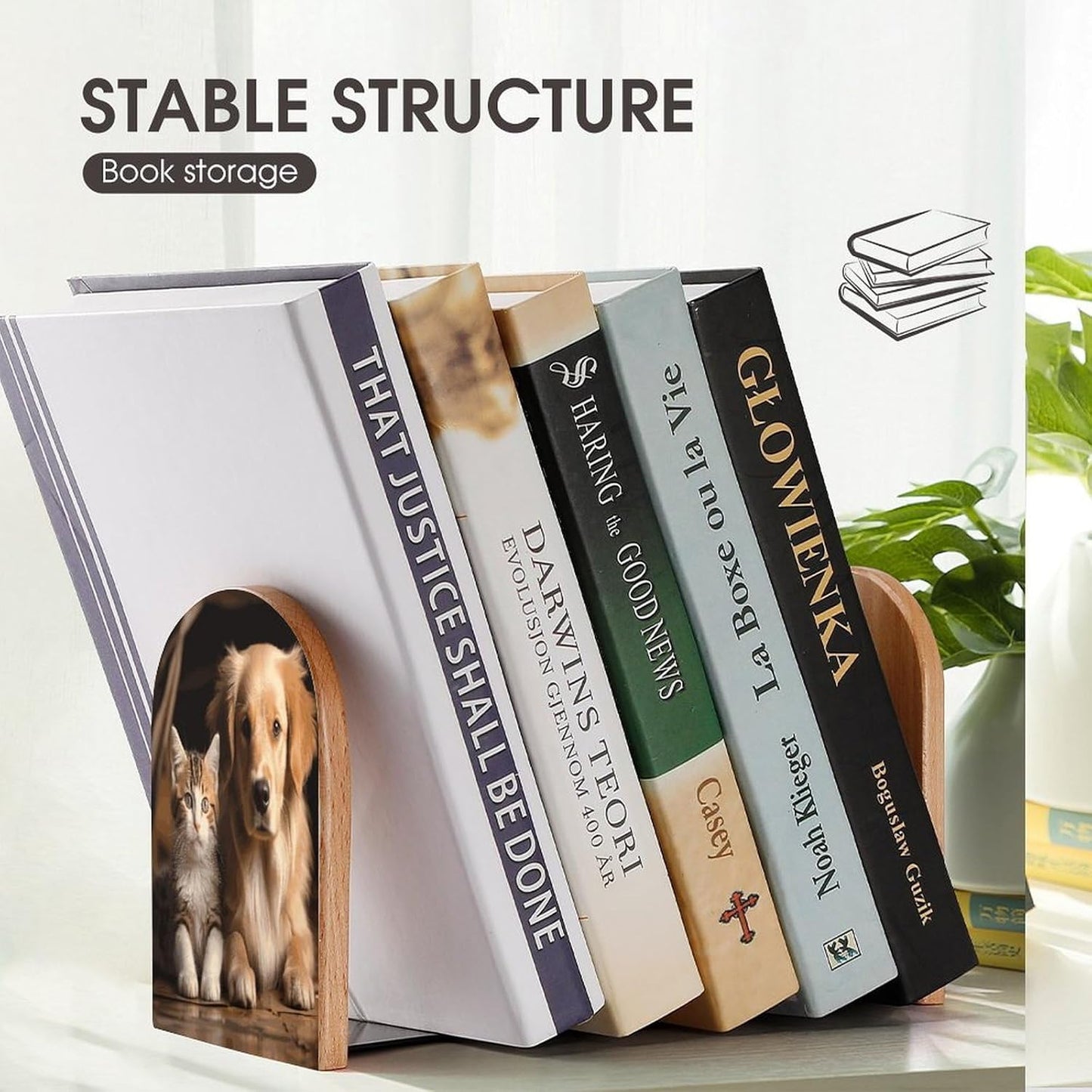 Dog and Cat Bookends 1 Pair Heavy Duty Book Ends for Shelves Non-Skid Bookend Supports Wooden Book Holders with Metal Base Desk Organizers Books Storage to Hold Books