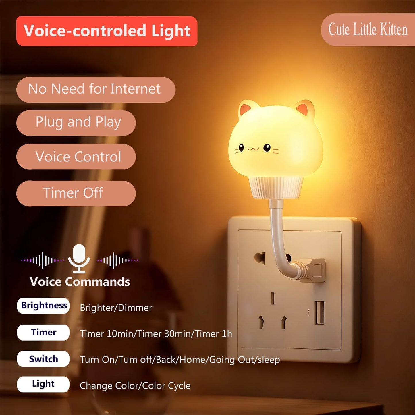 Smart Voice Activated Night Light - USB Plug-in, Dimmable Soft Lighting with Timer for Nursery, Baby Kids Bedroom & Breastfeeding,Portable Voice Control Lamp (Cat)
