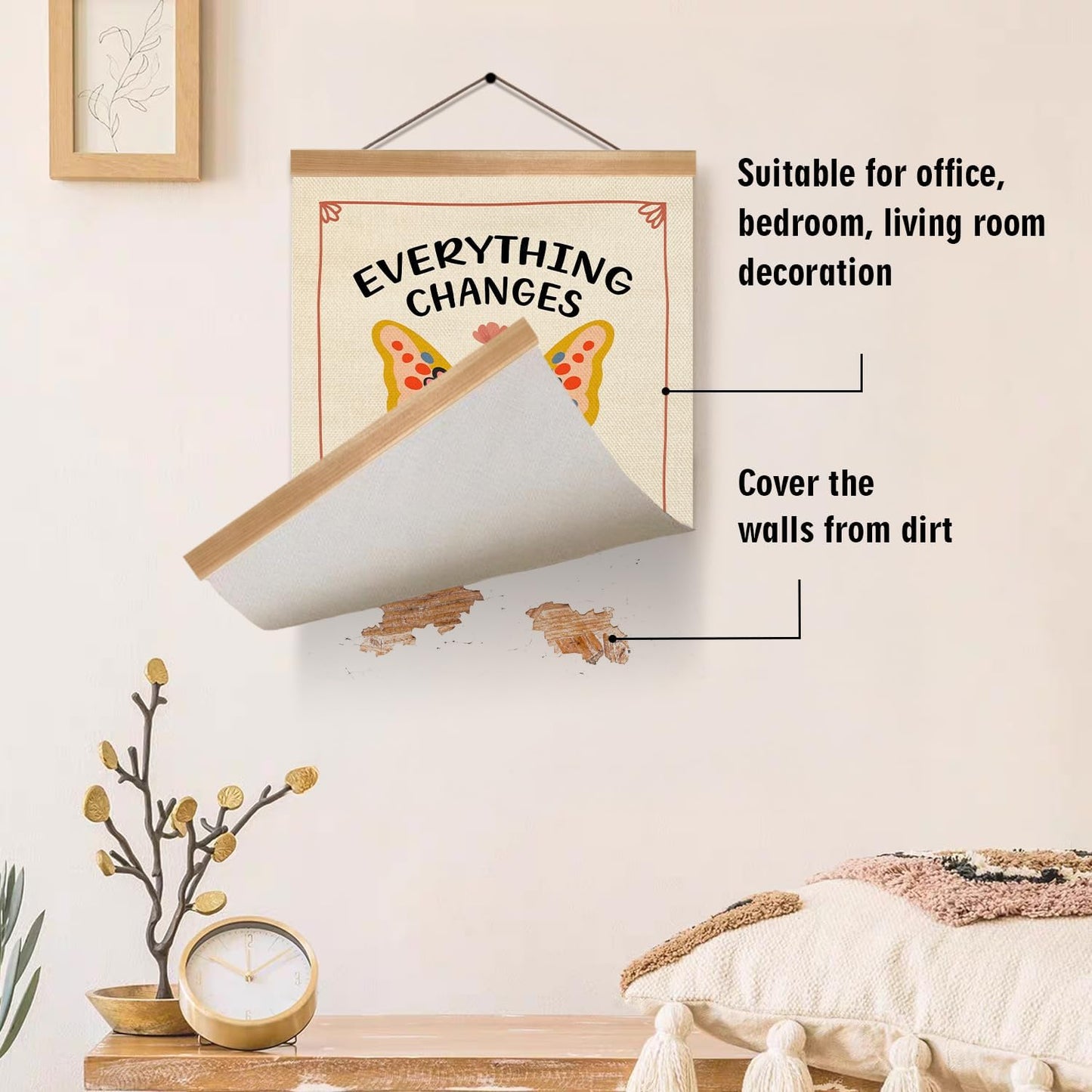Inspirational Butterfly Wall Art –Everything Changes, Nothing Is Permanent, daily affirmations wall decor,Boho decor,Mindfulness Linen Canvas Hanging poster for Bedroom, Office, or Therapy Room(Butterfly)