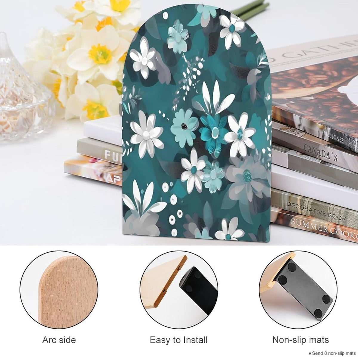Non-Slip Bookend for Shelves Teal Grey and White Floral Wooden Bookends with Metal Base Decorative Book Stopper for Home Heavy Duty Wood Book Storage for Books/CDs