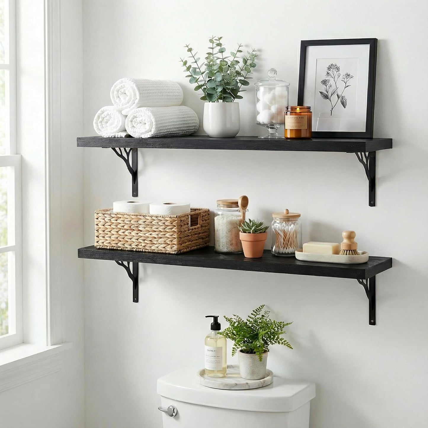 48Inch Solid Pine Wood Floating Shelves Set of 2, Black Wood Wall-Mounted Storage Shelves with Heavy-Duty Metal Brackets | Decorative Hanging Book Shelf for Living Room,Bedroom,Bathroom,Kitchen